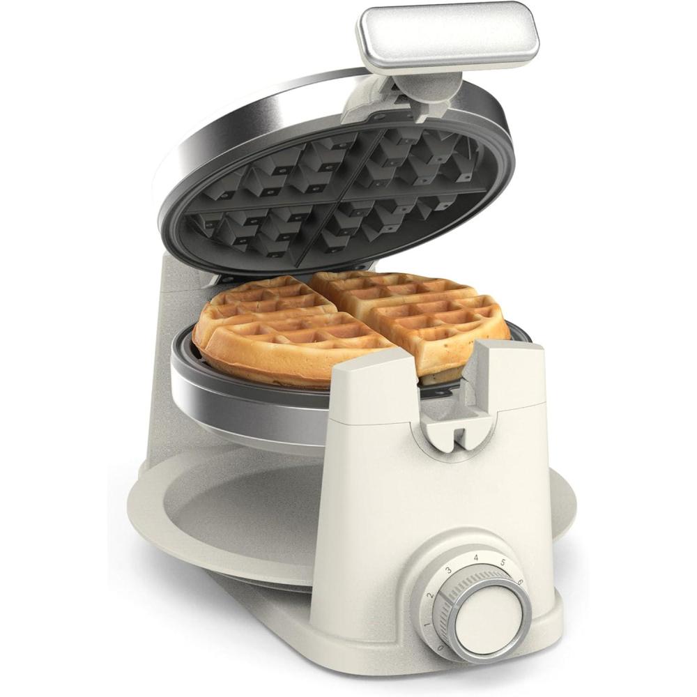 imageMartha Stewart Rotating Waffle Maker 180 Flip Iron with PFASFree Nonstick Plates Adjustable Timer Ready Light Drip Tray Space Saving Classic Round 7 Easy to Clean Stainless Steel LinenLinen White