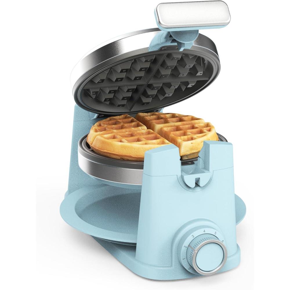 imageMartha Stewart Rotating Waffle Maker 180 Flip Iron with PFASFree Nonstick Plates Adjustable Timer Ready Light Drip Tray Space Saving Classic Round 7 Easy to Clean Stainless Steel LinenSky Blue