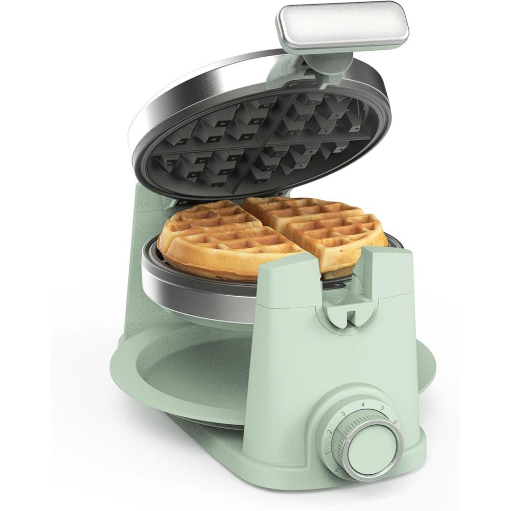 imageMartha Stewart Rotating Waffle Maker 180 Flip Iron with PFASFree Nonstick Plates Adjustable Timer Ready Light Drip Tray Space Saving Classic Round 7 Easy to Clean Stainless Steel LinenHoneydew Green