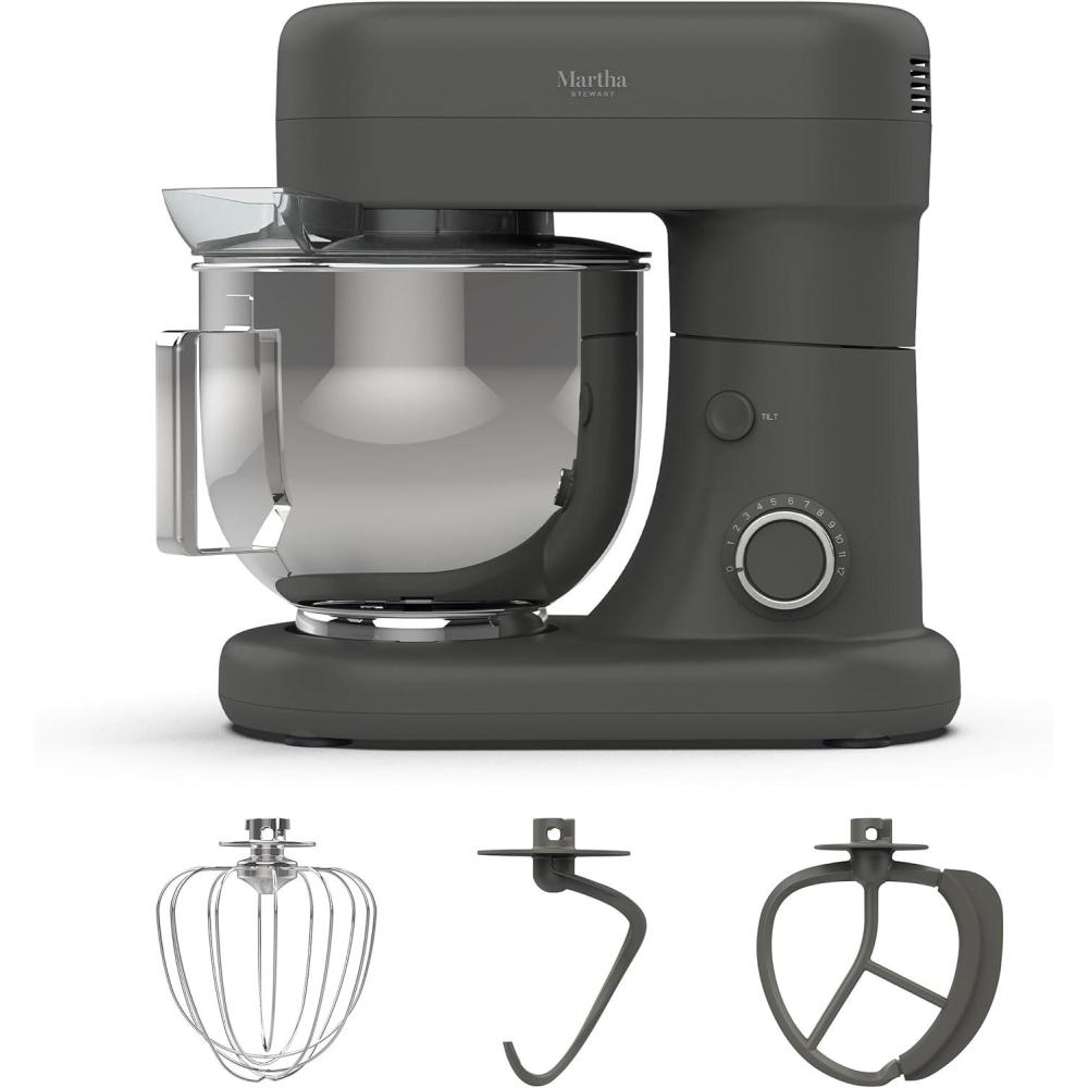 imageMartha Stewart TiltHead Stand Mixer12 Speed 53QT Stainless Steel Bowl Splash Guard with Pour Chute Whisk Dough Hook Flat BeaterElectric Kitchen Baking Mixer Bread Cake Whip Linen WhiteCaviar Gray