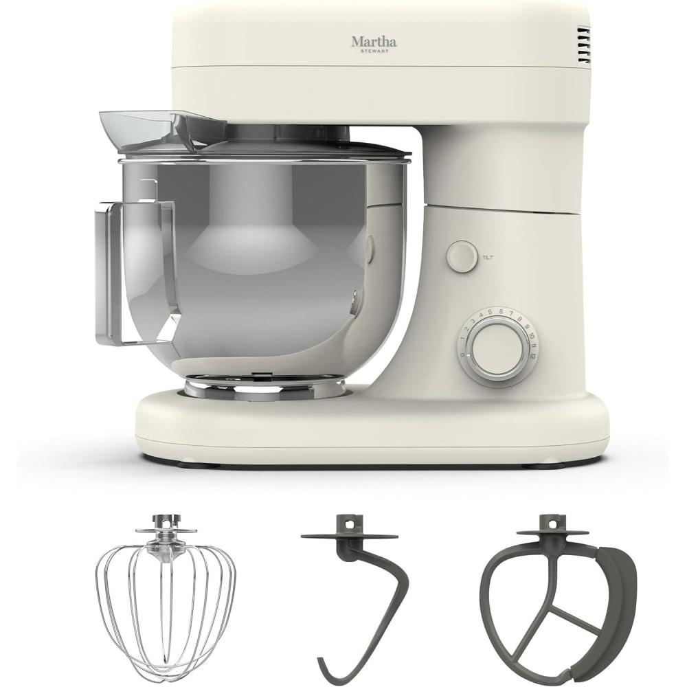 imageMartha Stewart TiltHead Stand Mixer12 Speed 53QT Stainless Steel Bowl Splash Guard with Pour Chute Whisk Dough Hook Flat BeaterElectric Kitchen Baking Mixer Bread Cake Whip Linen WhiteLinen White