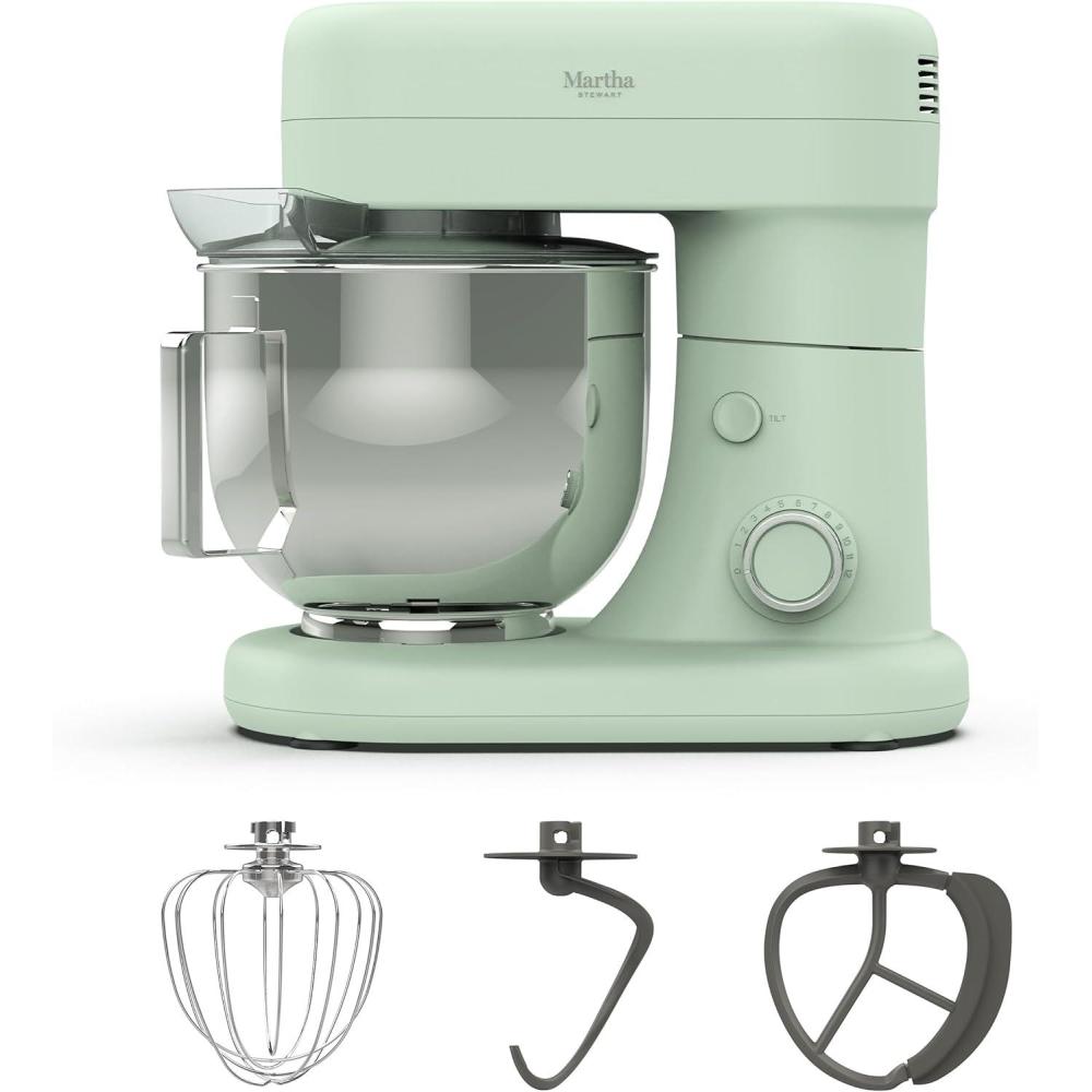 imageMartha Stewart TiltHead Stand Mixer12 Speed 53QT Stainless Steel Bowl Splash Guard with Pour Chute Whisk Dough Hook Flat BeaterElectric Kitchen Baking Mixer Bread Cake Whip Linen WhiteHoneydew Green