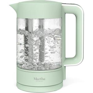 Martha Stewart  Electric Kettle with Removable Stainless Steel Tea Infuser, Glass Carafe 1.7L (7 Cups), Hot Water Boiler, 4 Presets, Keep Warm & Auto Shut-Off, Cordless 360° Swivel Base, Linen White(Honeydew Green)