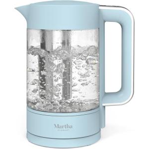 Martha Stewart  Electric Kettle with Removable Stainless Steel Tea Infuser, Glass Carafe 1.7L (7 Cups), Hot Water Boiler, 4 Presets, Keep Warm & Auto Shut-Off, Cordless 360° Swivel Base, Linen White(Sky Blue)