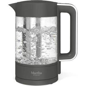 Martha Stewart  Electric Kettle with Removable Stainless Steel Tea Infuser, Glass Carafe 1.7L (7 Cups), Hot Water Boiler, 4 Presets, Keep Warm & Auto Shut-Off, Cordless 360° Swivel Base, Linen White(Caviar Gray)