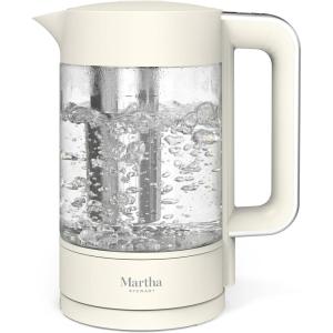 Martha Stewart  Electric Kettle with Removable Stainless Steel Tea Infuser, Glass Carafe 1.7L (7 Cups), Hot Water Boiler, 4 Presets, Keep Warm & Auto Shut-Off, Cordless 360° Swivel Base, Linen White(Linen White)