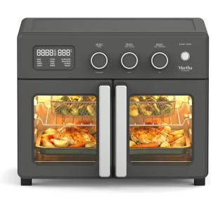 Martha Stewart French Door Air Fryer Toaster Oven Combo, 34QT Countertop Convection, 12-in-1, Bake, Broil, Roast, Fits 12” Pizza, Dehydrate, 5 Accessories, Air Fry Basket, Stainless Steel, Linen White(Caviar Gray)