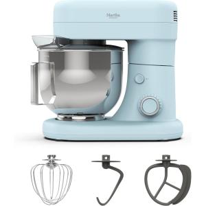 Martha Stewart  Tilt-Head Stand Mixer, 12 Speed, 5.3QT Stainless Steel Bowl, Splash Guard with Pour Chute, Whisk, Dough Hook, Flat Beater, Electric Kitchen Baking Mixer, Bread, Cake, Whip, Linen White(Sky Blue)