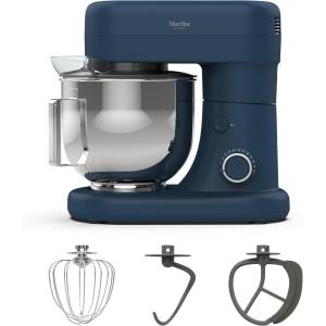 Martha Stewart  Tilt-Head Stand Mixer, 12 Speed, 5.3QT Stainless Steel Bowl, Splash Guard with Pour Chute, Whisk, Dough Hook, Flat Beater, Electric Kitchen Baking Mixer, Bread, Cake, Whip, Linen White(Indigo Blue)
