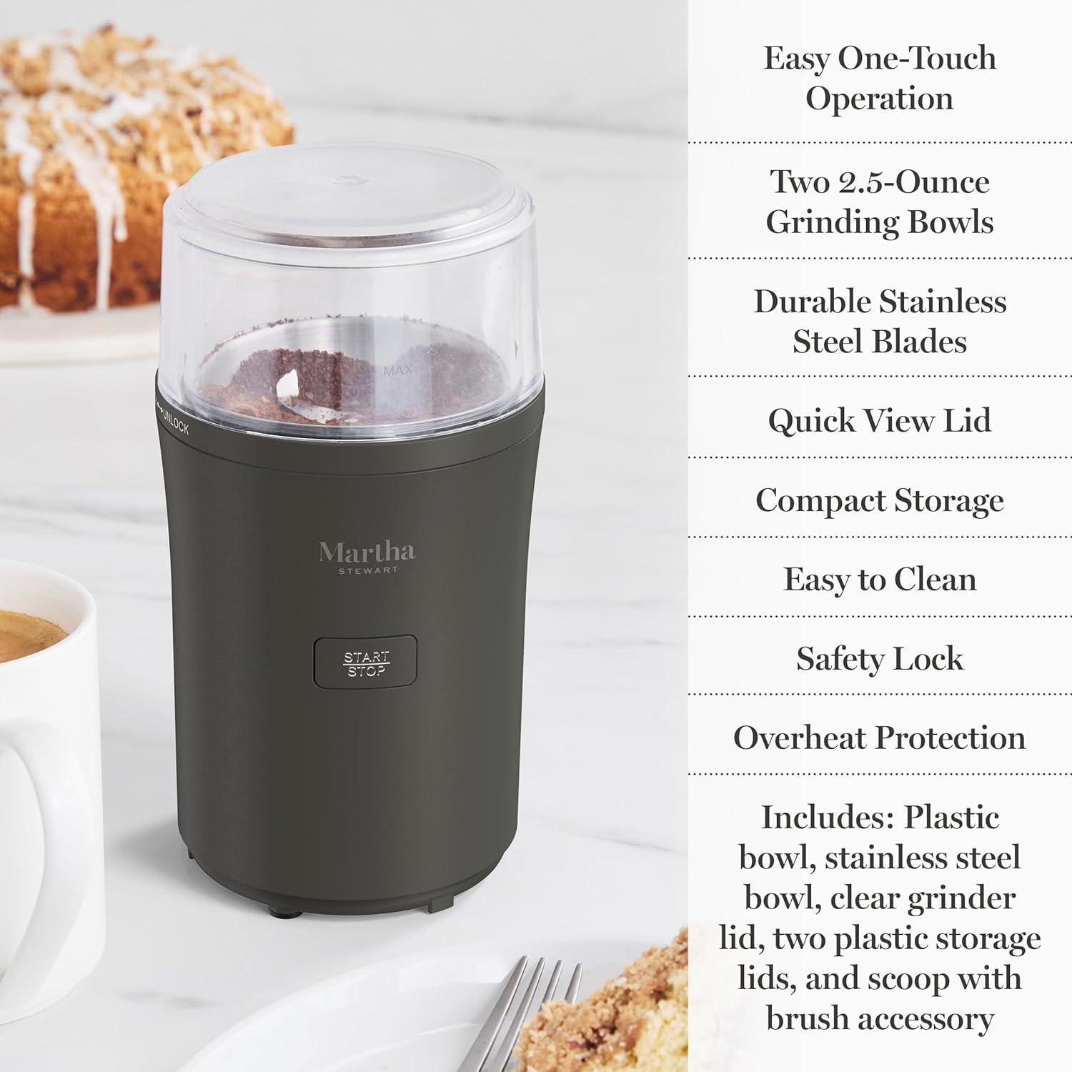 imageMarthaStewart ElectricCoffee amp Spice GrinderDual 25oz RemovableBowls StorageLidsStainless Steel BladesOne Touch Pulse Control2in1CompactBeans amp Spices Herbsamp Nuts Linen WhiteCaviar Gray