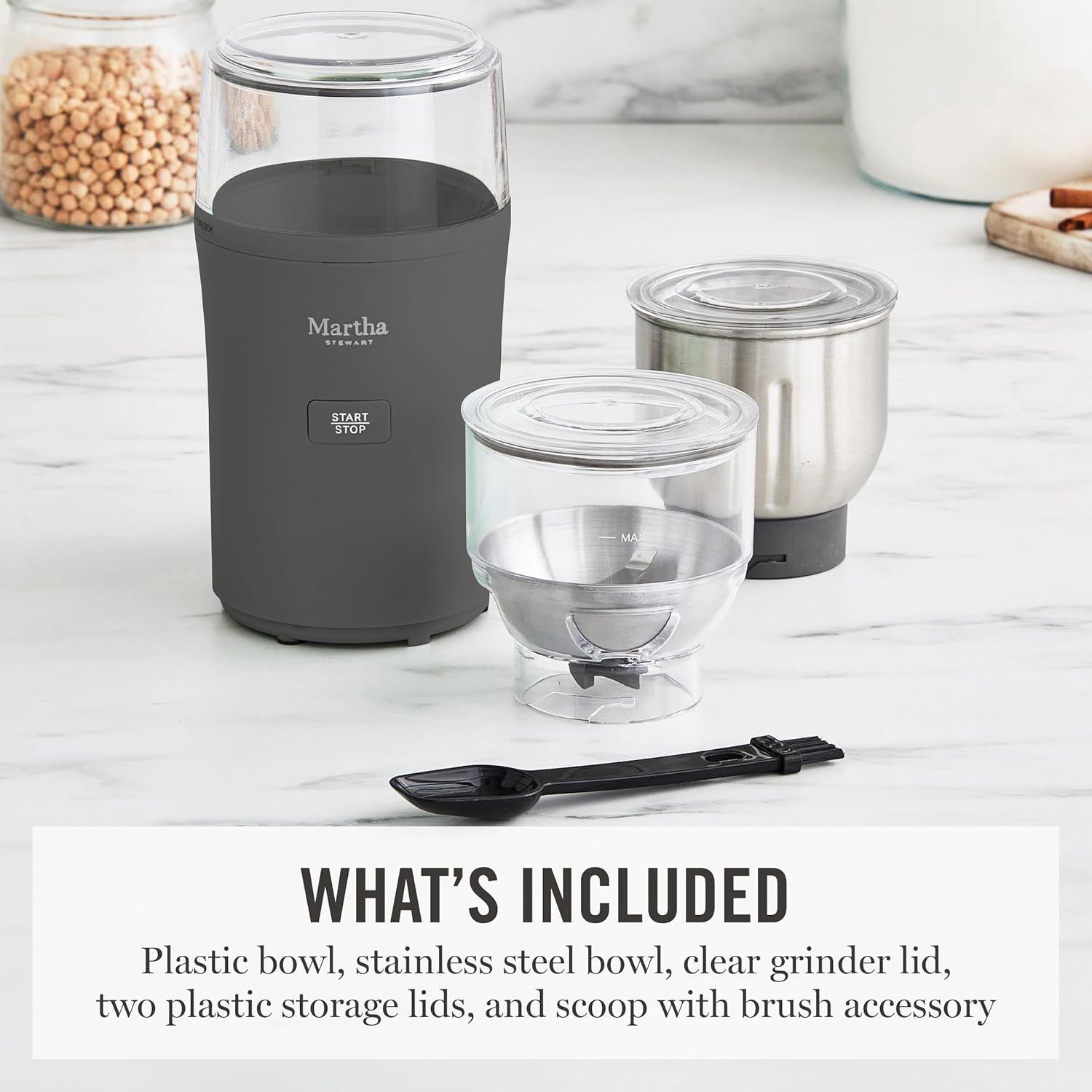 imageMarthaStewart ElectricCoffee amp Spice GrinderDual 25oz RemovableBowls StorageLidsStainless Steel BladesOne Touch Pulse Control2in1CompactBeans amp Spices Herbsamp Nuts Linen WhiteCaviar Gray