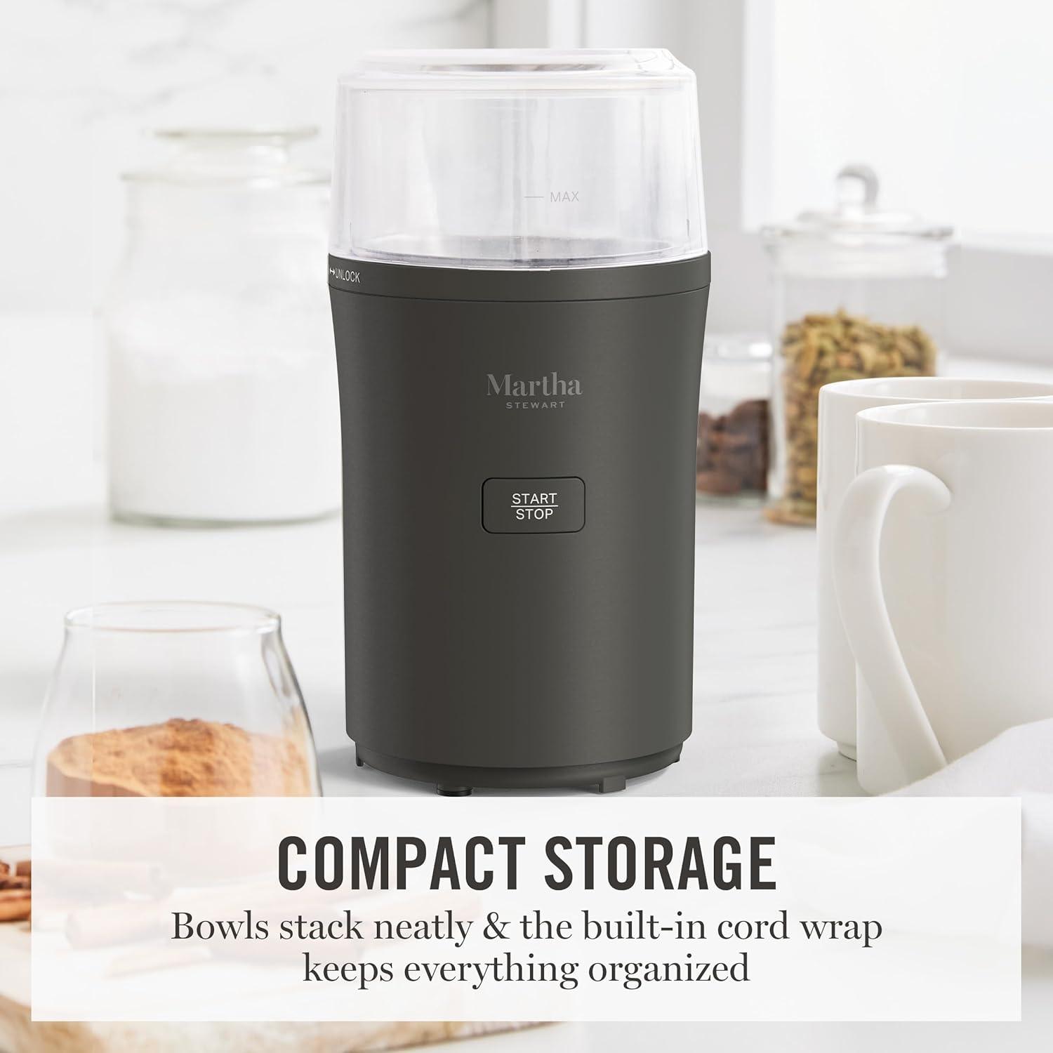 imageMarthaStewart ElectricCoffee amp Spice GrinderDual 25oz RemovableBowls StorageLidsStainless Steel BladesOne Touch Pulse Control2in1CompactBeans amp Spices Herbsamp Nuts Linen WhiteCaviar Gray
