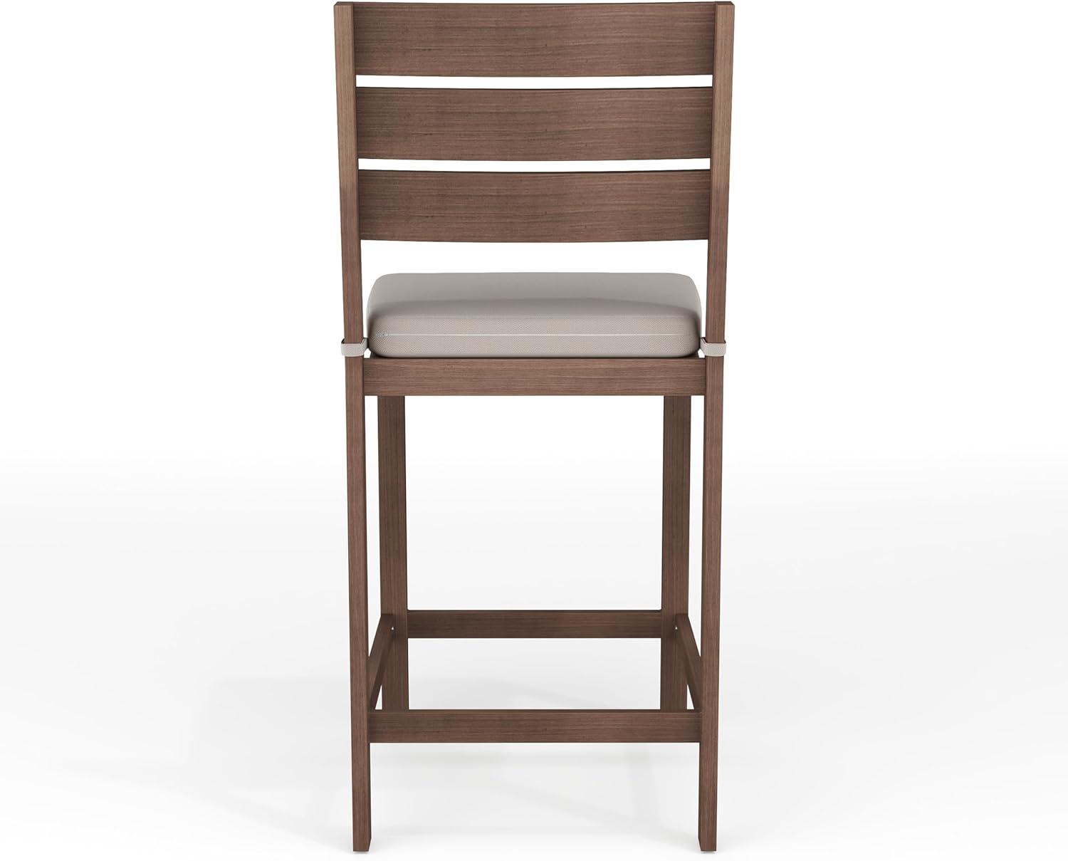 imageMartha Stewart Bedford 3 Piece Bar Height Indoor Outdoor Aluminum Patio Set 355 Square Slat Top Table 2 Stools Gray Brushed Woodgrain Finish Gray Seat CushionsBrown