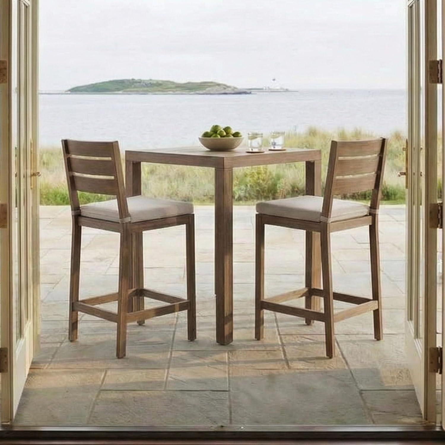 imageMartha Stewart Bedford 3 Piece Bar Height Indoor Outdoor Aluminum Patio Set 355 Square Slat Top Table 2 Stools Gray Brushed Woodgrain Finish Gray Seat CushionsBrown