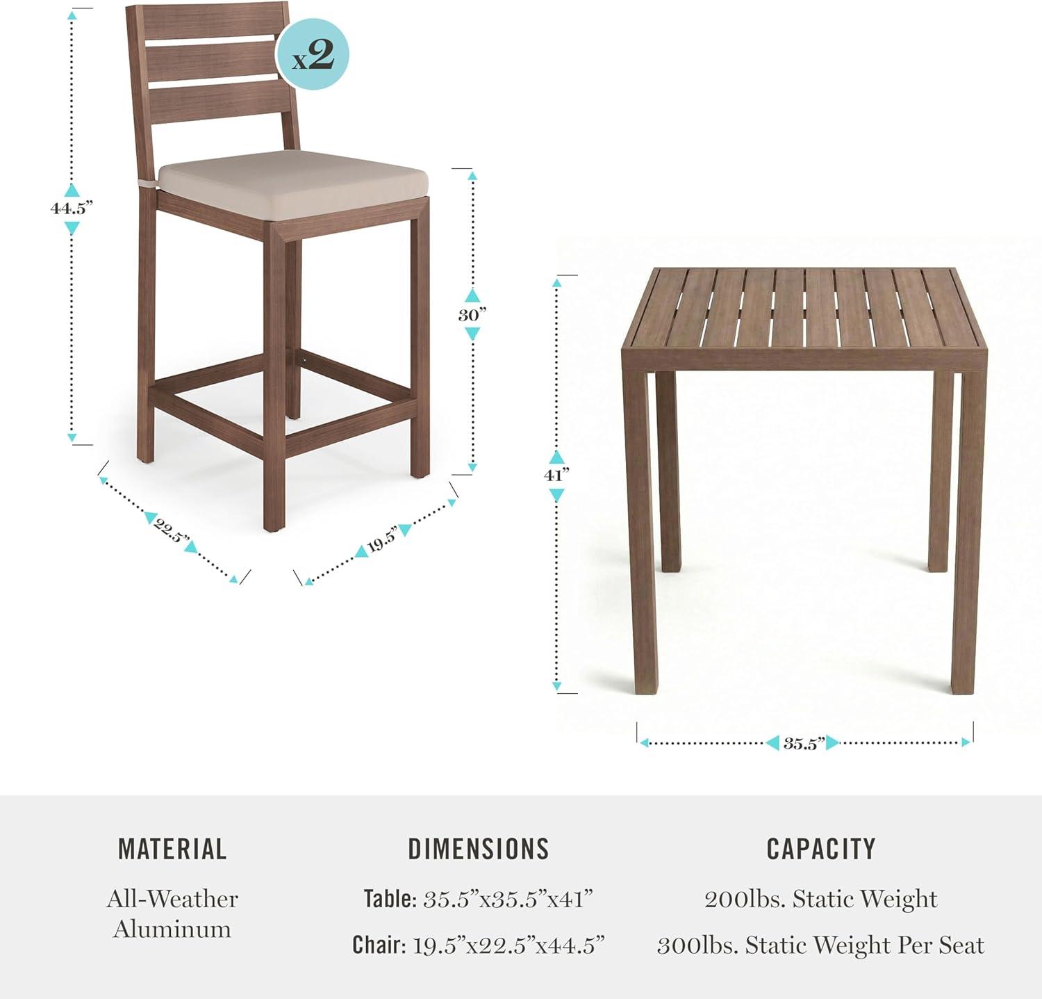 imageMartha Stewart Bedford 3 Piece Bar Height Indoor Outdoor Aluminum Patio Set 355 Square Slat Top Table 2 Stools Gray Brushed Woodgrain Finish Gray Seat CushionsBrown