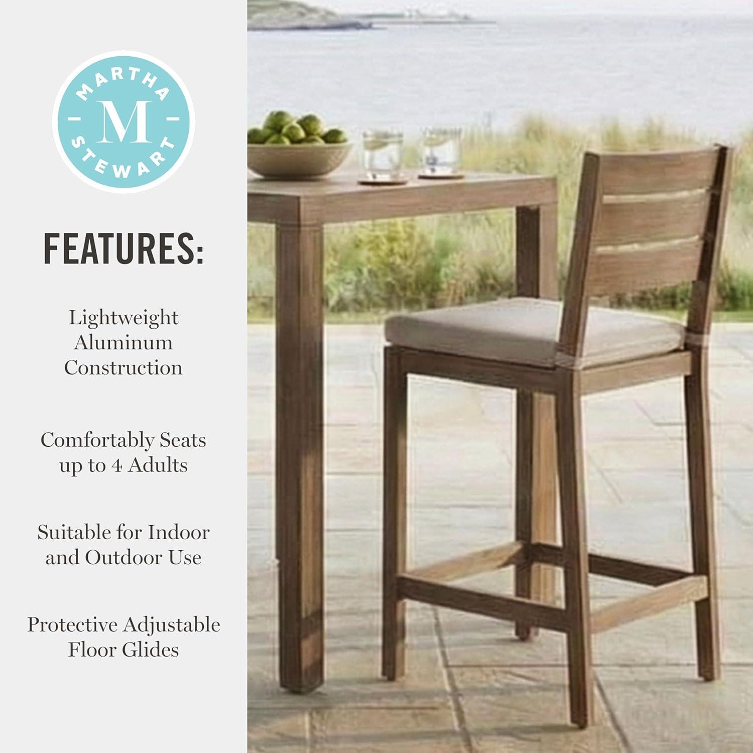 imageMartha Stewart Bedford 3 Piece Bar Height Indoor Outdoor Aluminum Patio Set 355 Square Slat Top Table 2 Stools Gray Brushed Woodgrain Finish Gray Seat CushionsBrown