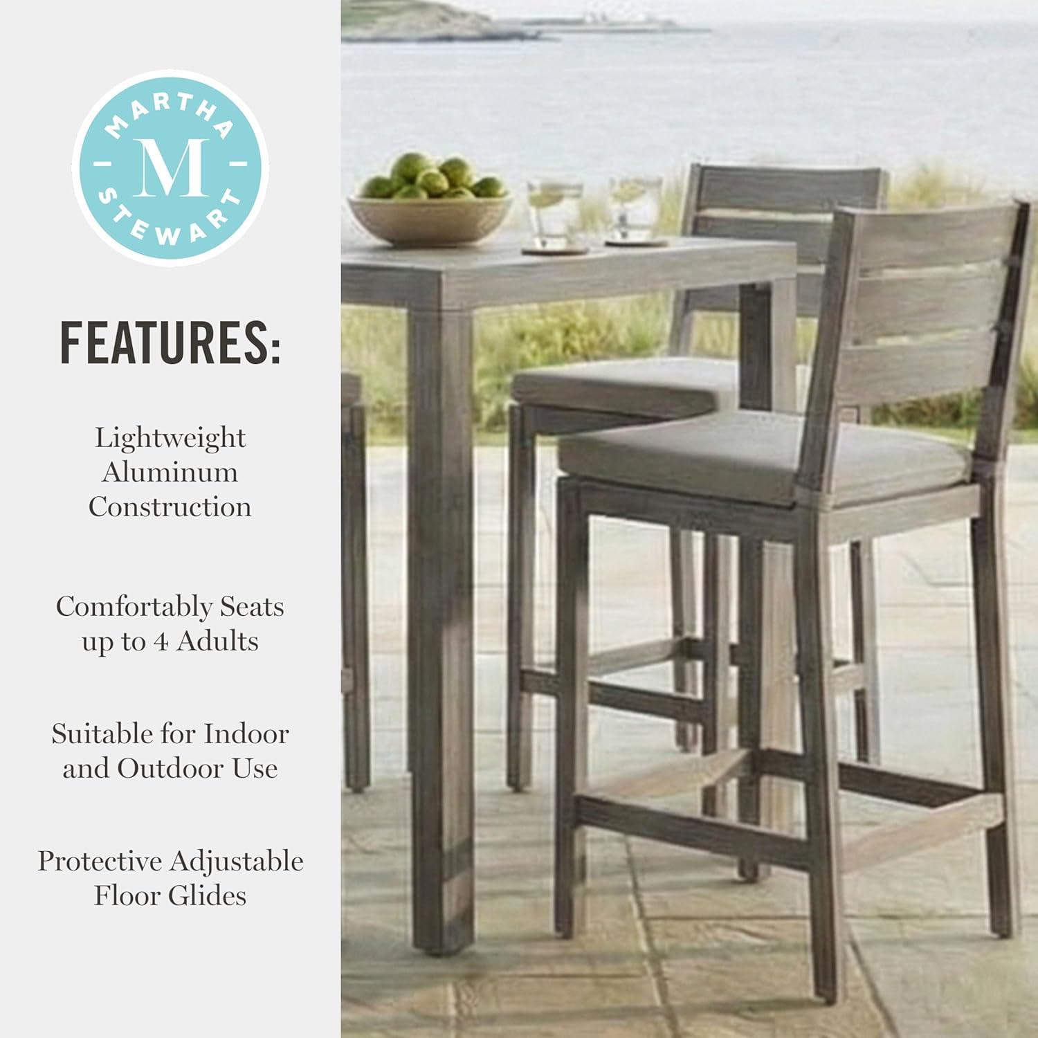 imageMartha Stewart Bedford 5 Piece Bar Height Indoor Outdoor Aluminum Patio Set 355 Square Slat Top Table 4 Stools Gray Brushed Woodgrain Finish Gray Seat CushionsGrey