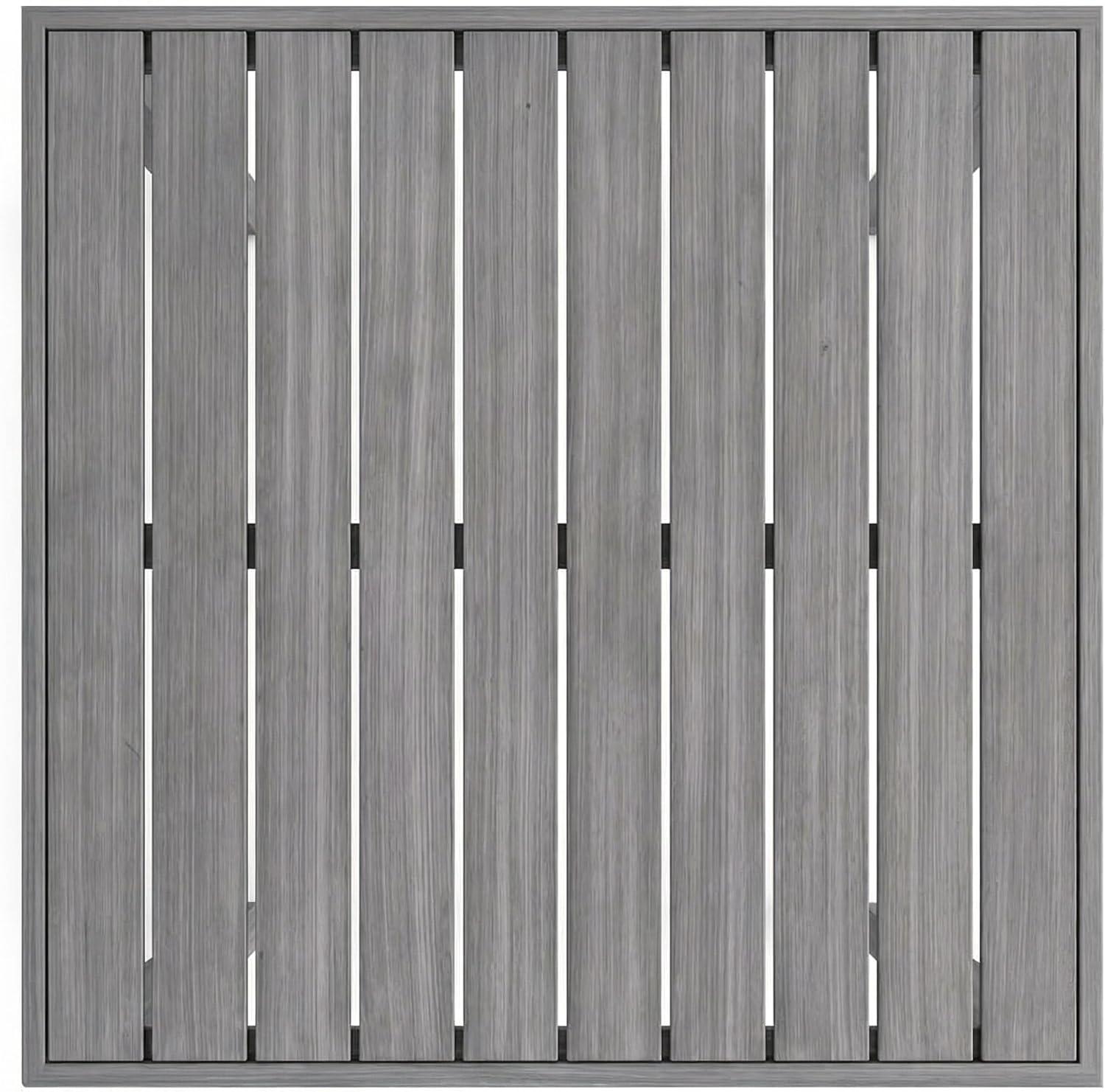imageMartha Stewart Bedford 5 Piece Bar Height Indoor Outdoor Aluminum Patio Set 355 Square Slat Top Table 4 Stools Gray Brushed Woodgrain Finish Gray Seat CushionsGrey