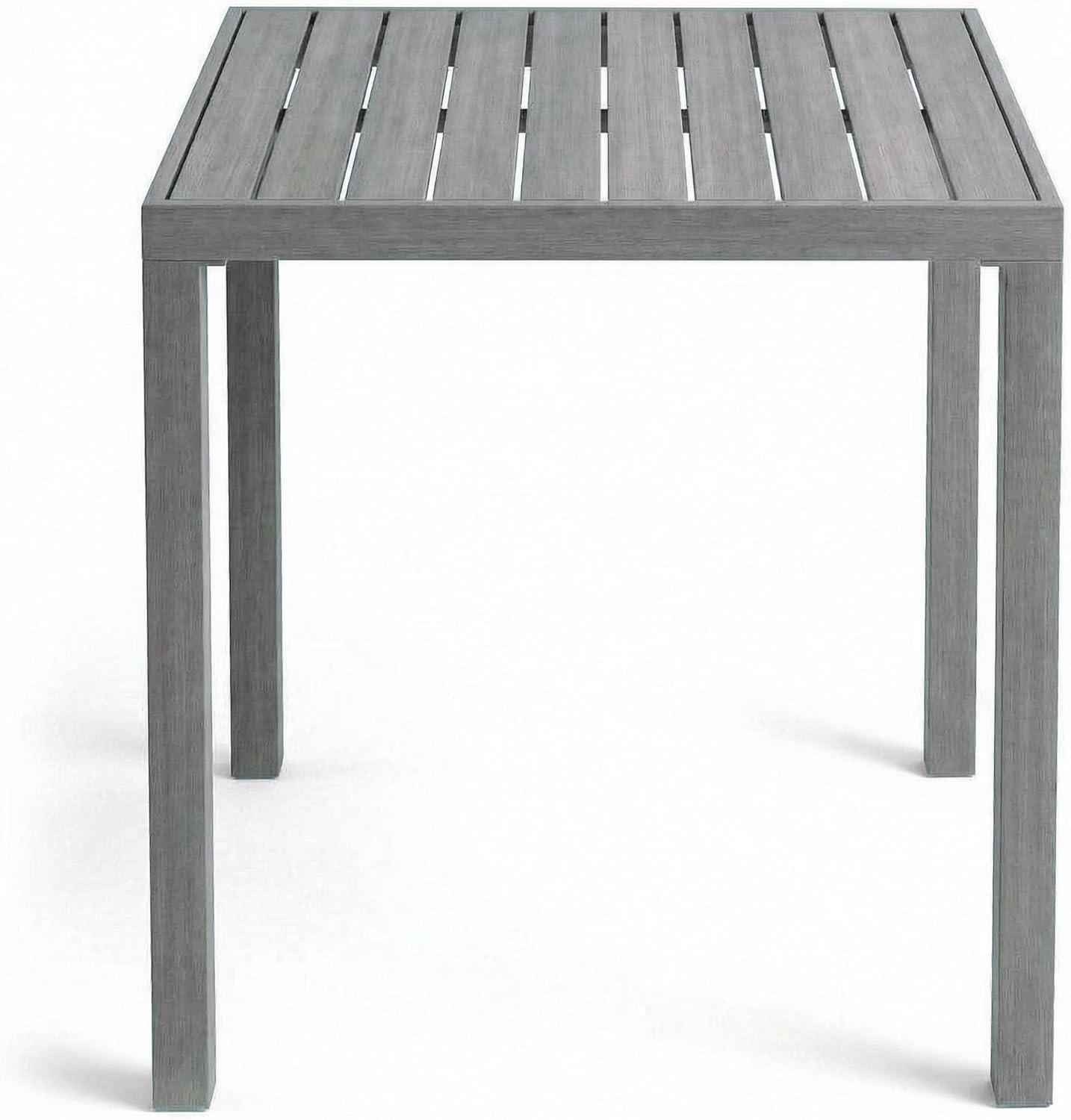 imageMartha Stewart Bedford 5 Piece Bar Height Indoor Outdoor Aluminum Patio Set 355 Square Slat Top Table 4 Stools Gray Brushed Woodgrain Finish Gray Seat CushionsGrey