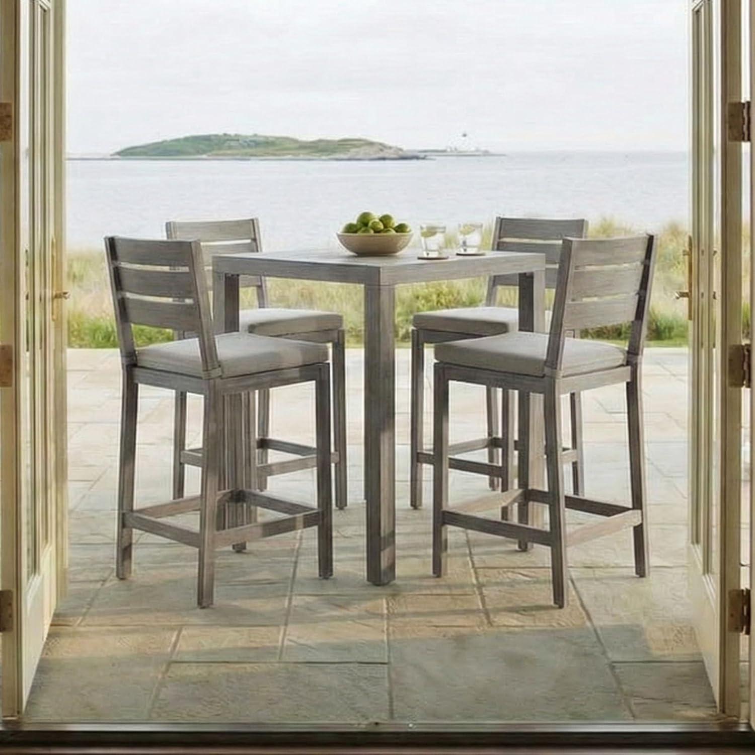 imageMartha Stewart Bedford 5 Piece Bar Height Indoor Outdoor Aluminum Patio Set 355 Square Slat Top Table 4 Stools Gray Brushed Woodgrain Finish Gray Seat CushionsGrey