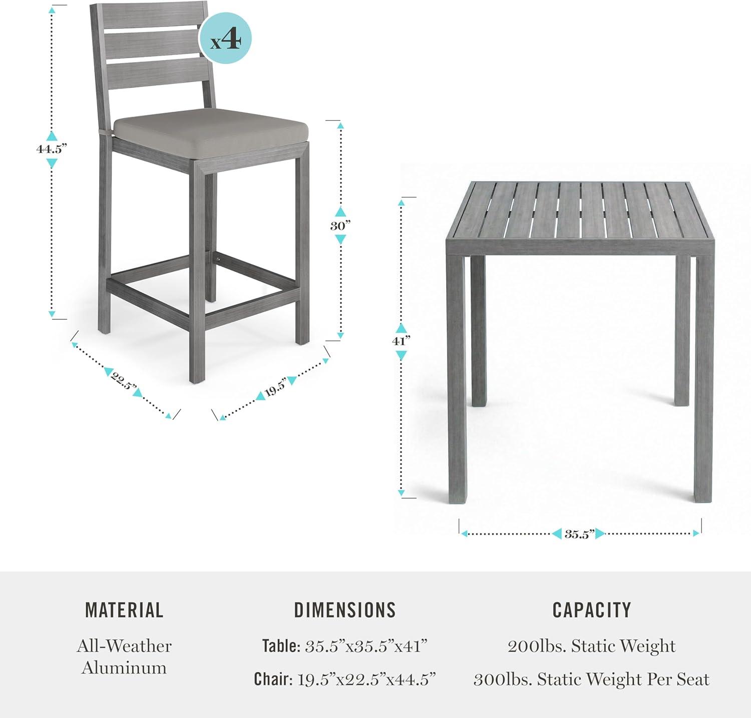 imageMartha Stewart Bedford 5 Piece Bar Height Indoor Outdoor Aluminum Patio Set 355 Square Slat Top Table 4 Stools Gray Brushed Woodgrain Finish Gray Seat CushionsGrey