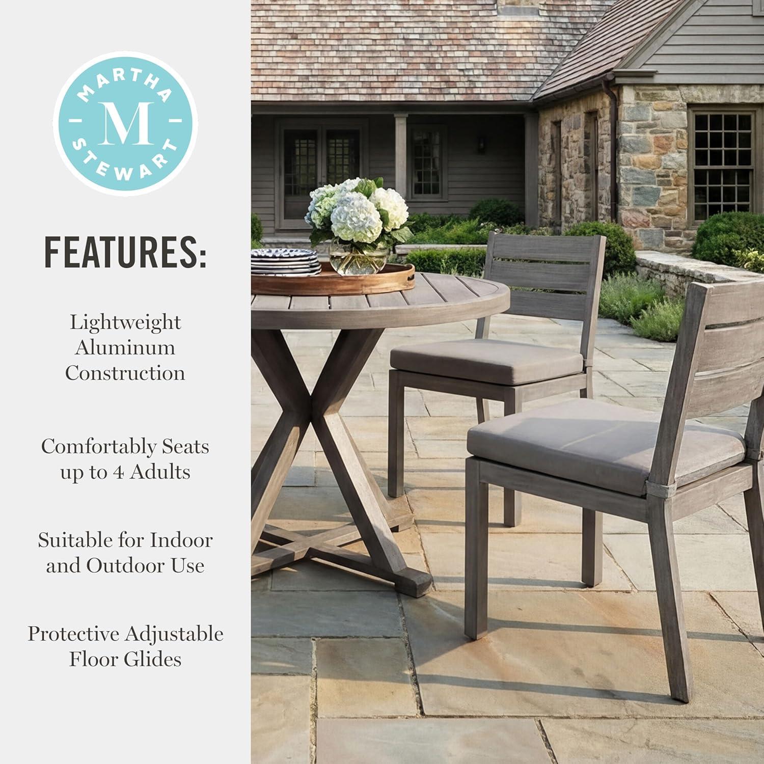 imageMartha Stewart Bedford 5 Piece Indoor Outdoor Aluminum Patio Set 36 Round Trestle Base Table 4 Stackable Chairs Gray Brushed Woodgrain Gray Seat CushionsGrey