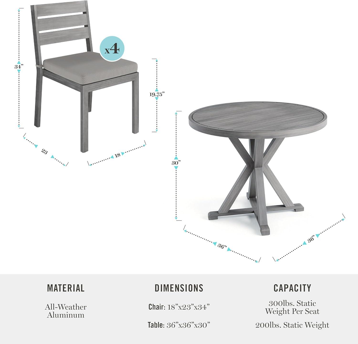 imageMartha Stewart Bedford 5 Piece Indoor Outdoor Aluminum Patio Set 36 Round Trestle Base Table 4 Stackable Chairs Gray Brushed Woodgrain Gray Seat CushionsGrey