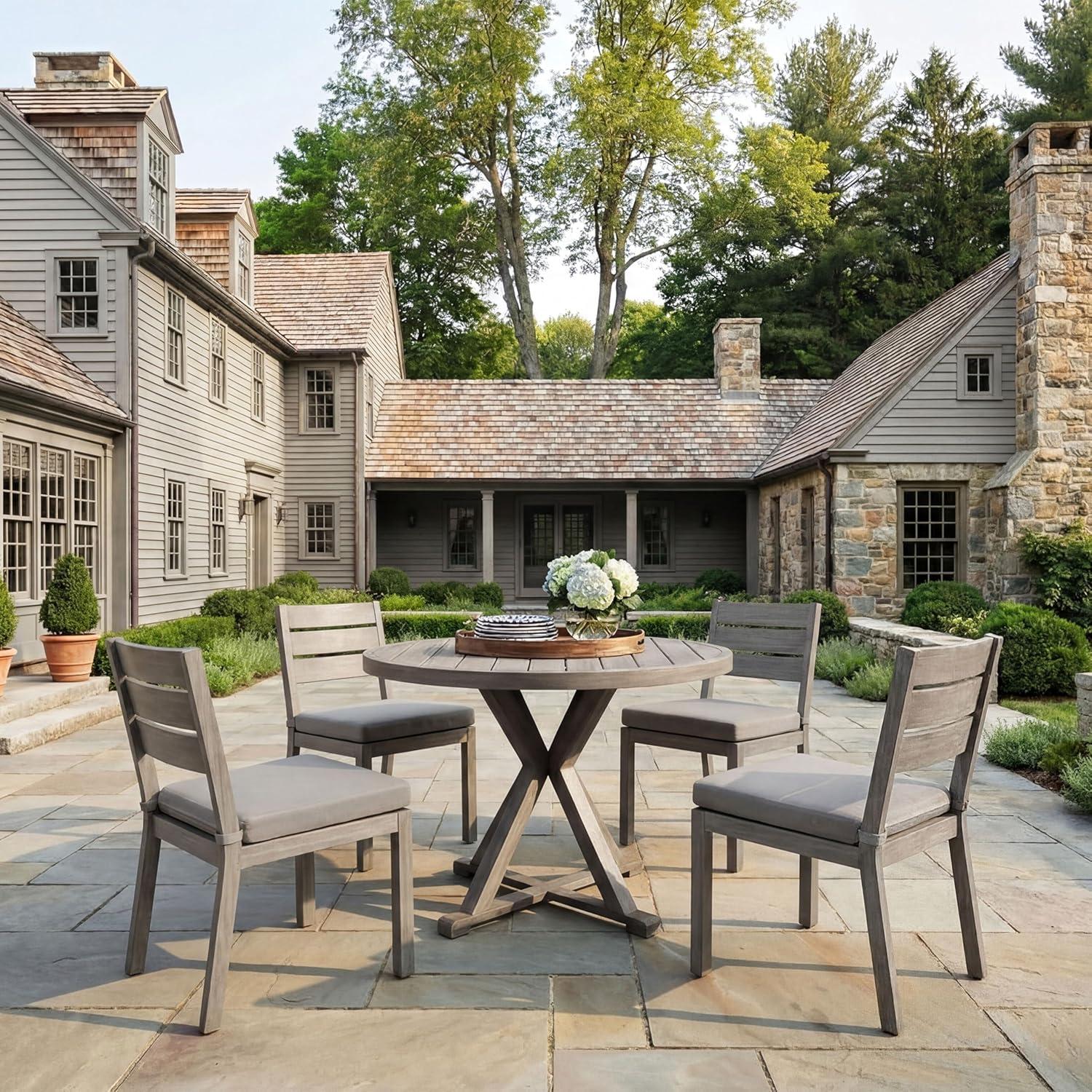 imageMartha Stewart Bedford 5 Piece Indoor Outdoor Aluminum Patio Set 36 Round Trestle Base Table 4 Stackable Chairs Gray Brushed Woodgrain Gray Seat CushionsGrey
