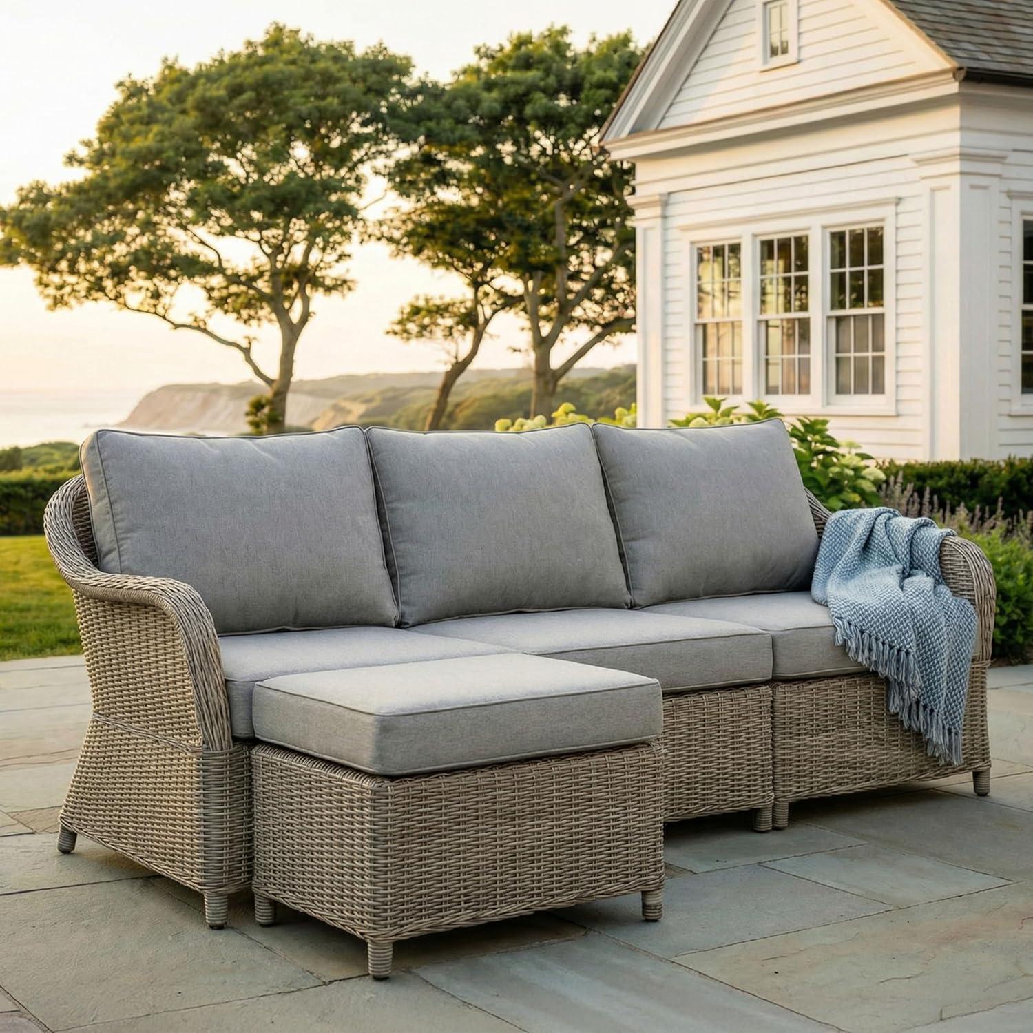 imageMartha Stewart Lily Pond IndoorOutdoor 3Seat Patio Sofa and Ottoman in Weathered Gray Rattan Wicker with AllWeather Gray Back Seat and Ottoman Cushions
