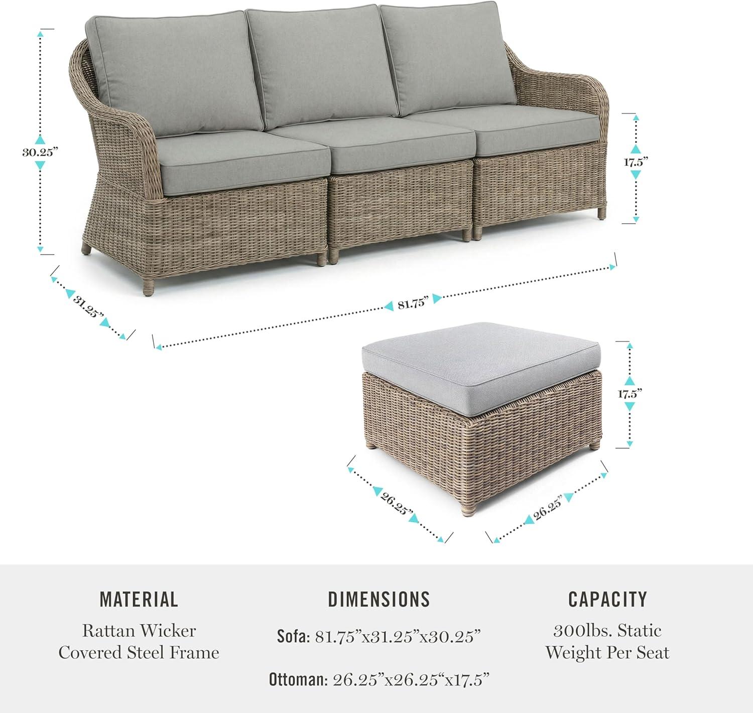 imageMartha Stewart Lily Pond IndoorOutdoor 3Seat Patio Sofa and Ottoman in Weathered Gray Rattan Wicker with AllWeather Gray Back Seat and Ottoman Cushions