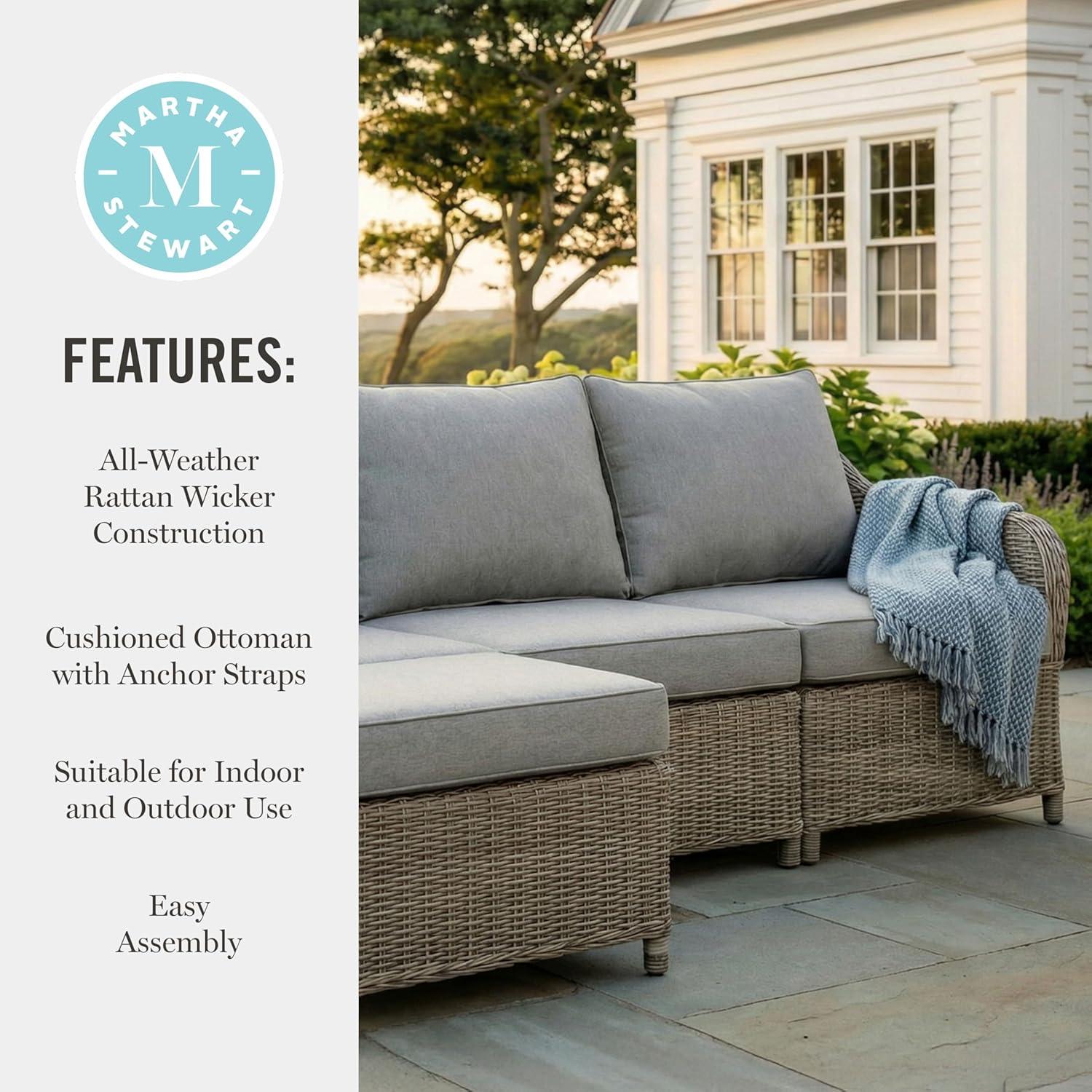imageMartha Stewart Lily Pond IndoorOutdoor 3Seat Patio Sofa and Ottoman in Weathered Gray Rattan Wicker with AllWeather Gray Back Seat and Ottoman Cushions