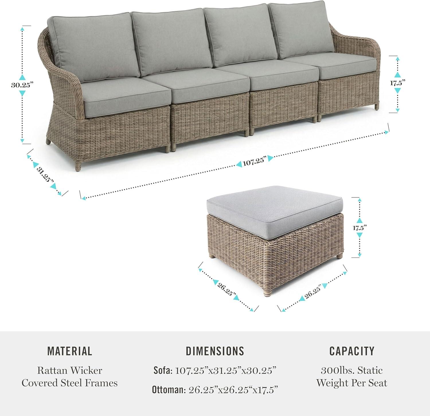 imageMartha Stewart Lily Pond IndoorOutdoor 4Seat Patio Sofa and Ottoman in Weathered Gray Rattan Wicker with AllWeather Gray Back Seat and Ottoman Cushions