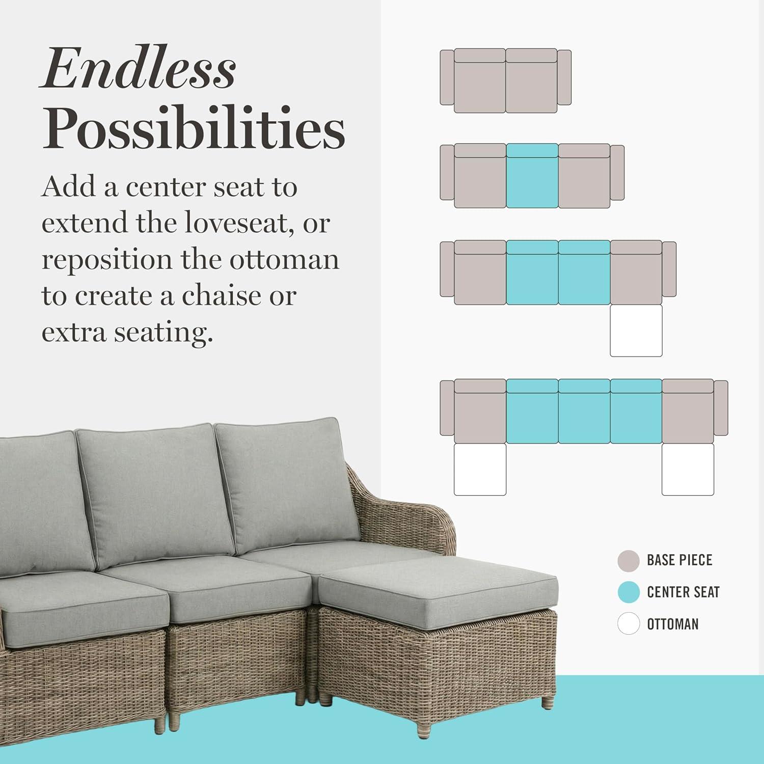 imageMartha Stewart Lily Pond IndoorOutdoor 4Seat Patio Sofa and Ottoman in Weathered Gray Rattan Wicker with AllWeather Gray Back Seat and Ottoman Cushions