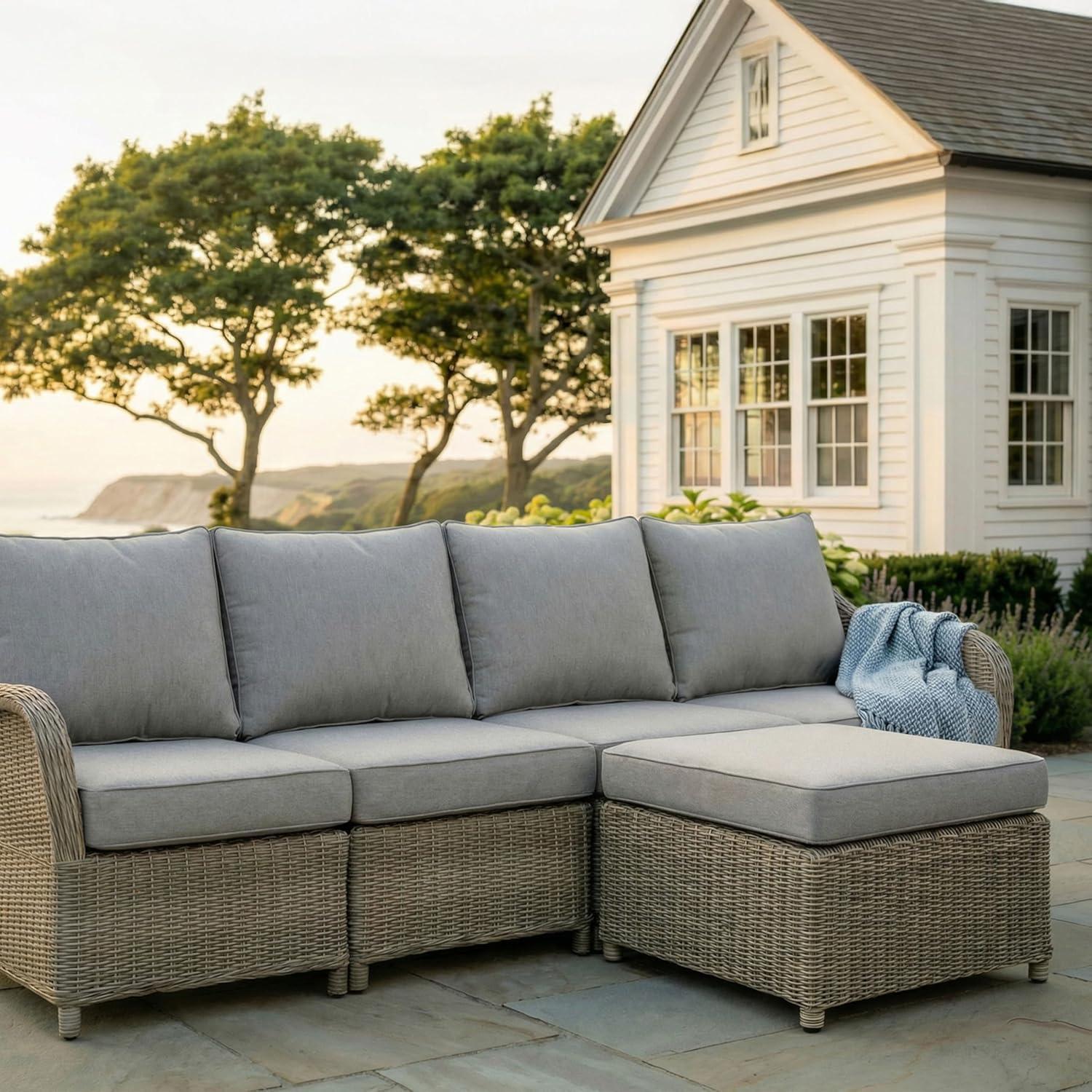 imageMartha Stewart Lily Pond IndoorOutdoor 4Seat Patio Sofa and Ottoman in Weathered Gray Rattan Wicker with AllWeather Gray Back Seat and Ottoman Cushions