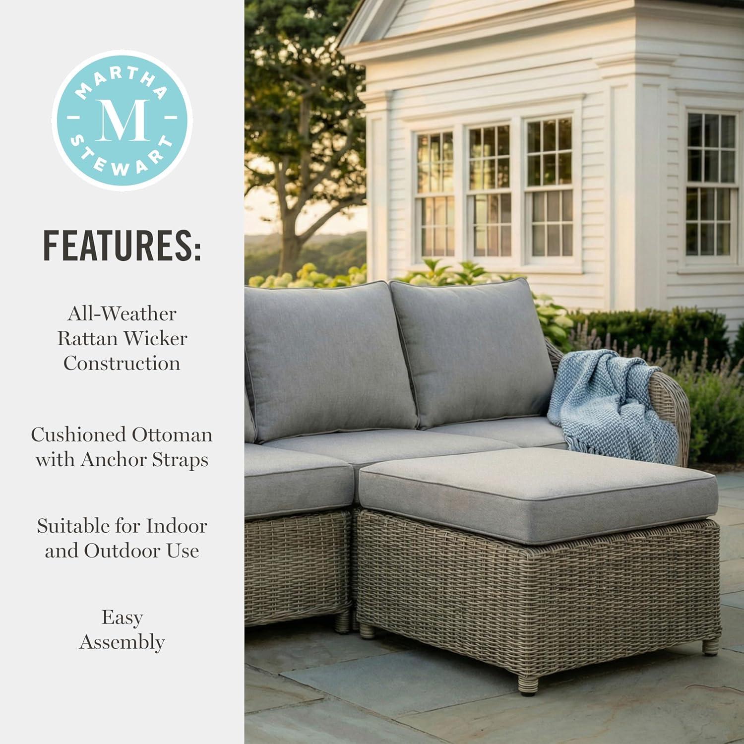 imageMartha Stewart Lily Pond IndoorOutdoor 4Seat Patio Sofa and Ottoman in Weathered Gray Rattan Wicker with AllWeather Gray Back Seat and Ottoman Cushions