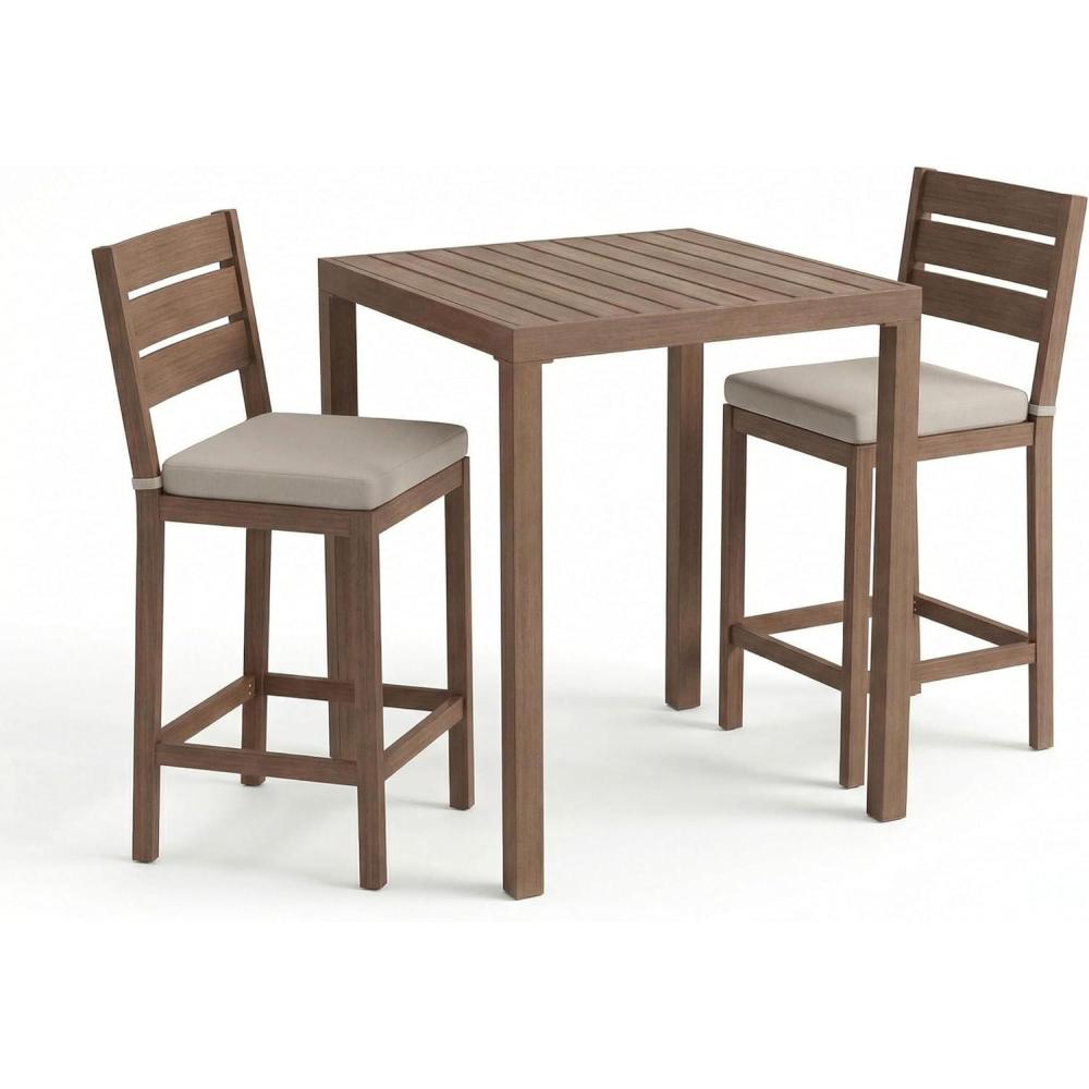 imageMartha Stewart Bedford 3 Piece Bar Height Indoor Outdoor Aluminum Patio Set 355 Square Slat Top Table 2 Stools Gray Brushed Woodgrain Finish Gray Seat CushionsBrown