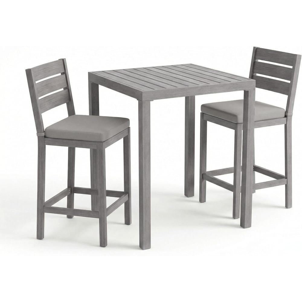 imageMartha Stewart Bedford 3 Piece Bar Height Indoor Outdoor Aluminum Patio Set 355 Square Slat Top Table 2 Stools Gray Brushed Woodgrain Finish Gray Seat CushionsGrey