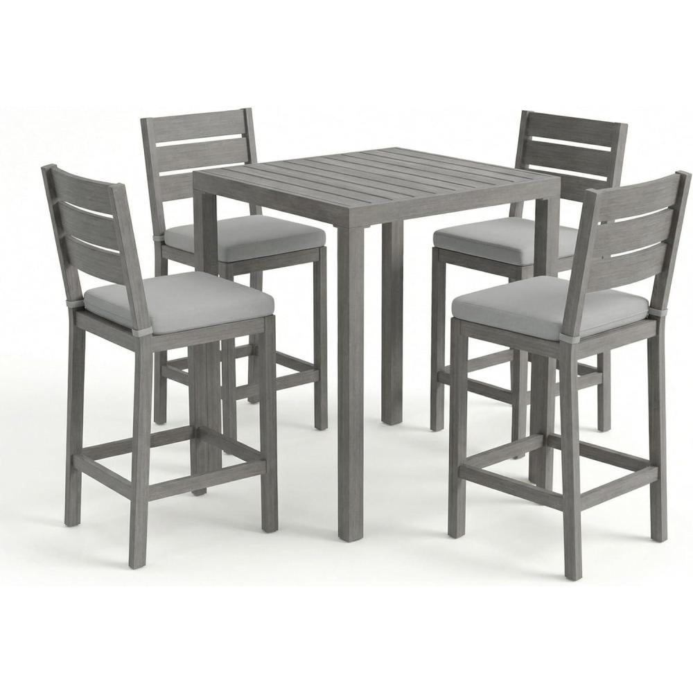 imageMartha Stewart Bedford 5 Piece Bar Height Indoor Outdoor Aluminum Patio Set 355 Square Slat Top Table 4 Stools Gray Brushed Woodgrain Finish Gray Seat CushionsGrey