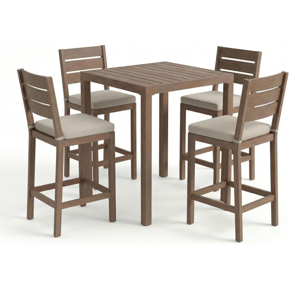 imageMartha Stewart Bedford 5 Piece Bar Height Indoor Outdoor Aluminum Patio Set 355 Square Slat Top Table 4 Stools Gray Brushed Woodgrain Finish Gray Seat CushionsBrown