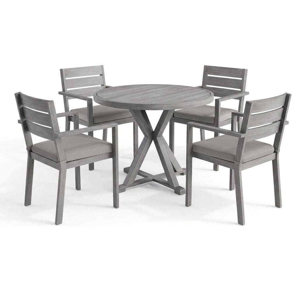 imageMartha Stewart Bedford 5 Piece Indoor Outdoor Aluminum Patio Set 36 Round Trestle Base Table 4 Stackable Armchairs Gray Brushed Woodgrain Gray Seat CushionsGrey