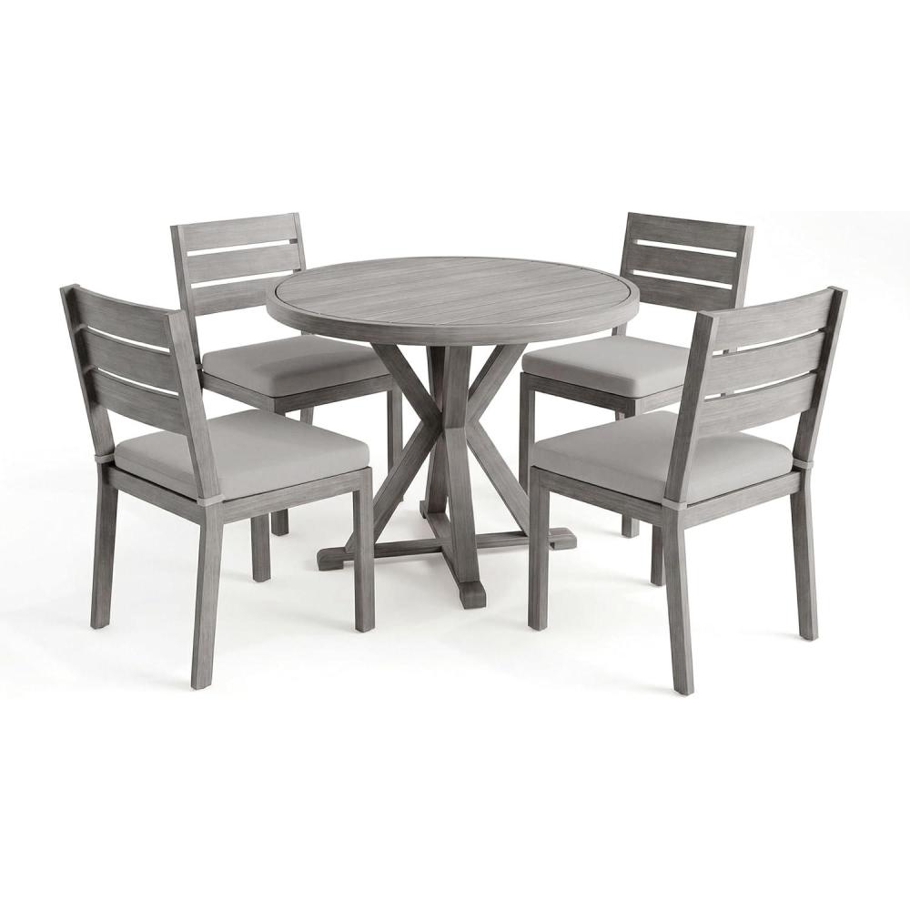 imageMartha Stewart Bedford 5 Piece Indoor Outdoor Aluminum Patio Set 36 Round Trestle Base Table 4 Stackable Chairs Gray Brushed Woodgrain Gray Seat CushionsGrey