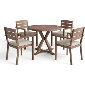 Martha Stewart Bedford 5 Piece Indoor Outdoor Aluminum Patio Set, 36″ Round Trestle Base Table, 4 Stackable Armchairs, Gray Brushed Woodgrain, Gray Seat Cushions(Brown)