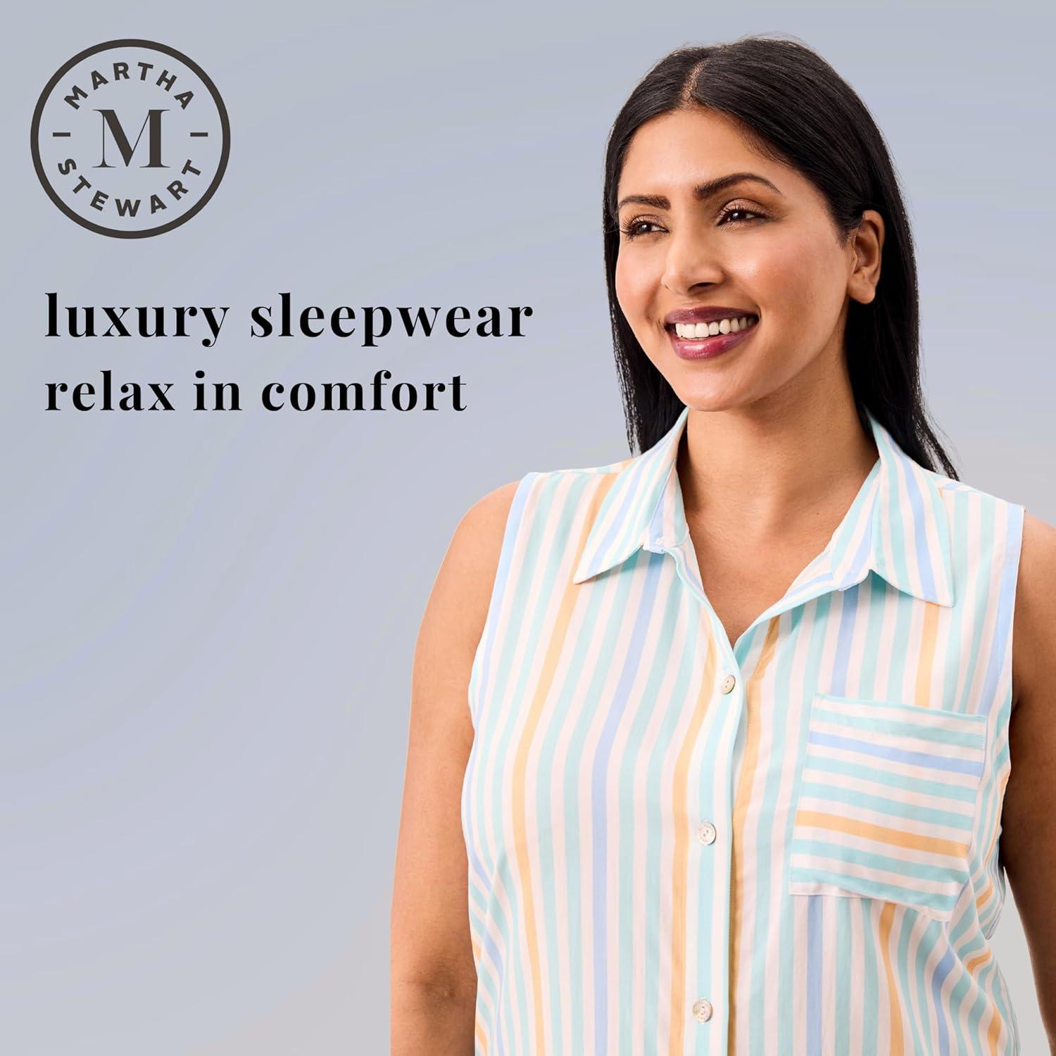 imageMartha Stewart Womens 2 Piece Pajama Sets for Spring and Summer Soft Luxury Loungewear for Home or GiftSleeveless Stripe