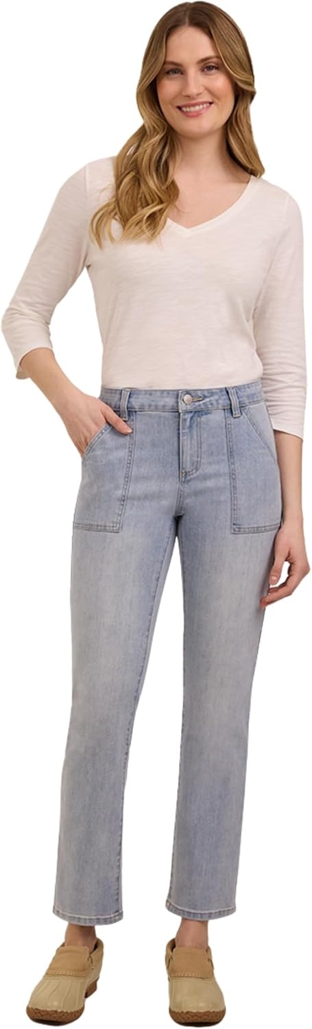 imageMartha Stewart Womens Straight Leg Patch Pocket Pant Soft Stretch Denim amp Twill Trouser with Waist StabilizerPale Wash