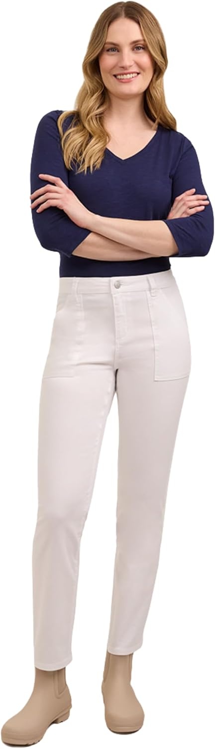 imageMartha Stewart Womens Straight Leg Patch Pocket Pant Soft Stretch Denim amp Twill Trouser with Waist StabilizerWhite