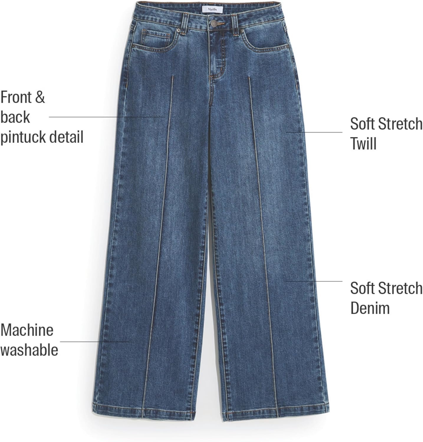 imageMartha Stewart Womens Wide Leg Pintuck Pant HighRise Soft Stretch Denim amp Twill Trouser with Front Seam DetailPale Wash