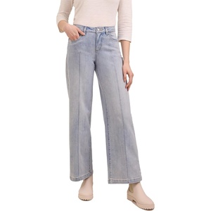 Martha Stewart Women’s Wide Leg Pintuck Pant, High-Rise Soft Stretch Denim & Twill Trouser with Front Seam Detail(Pale Wash)