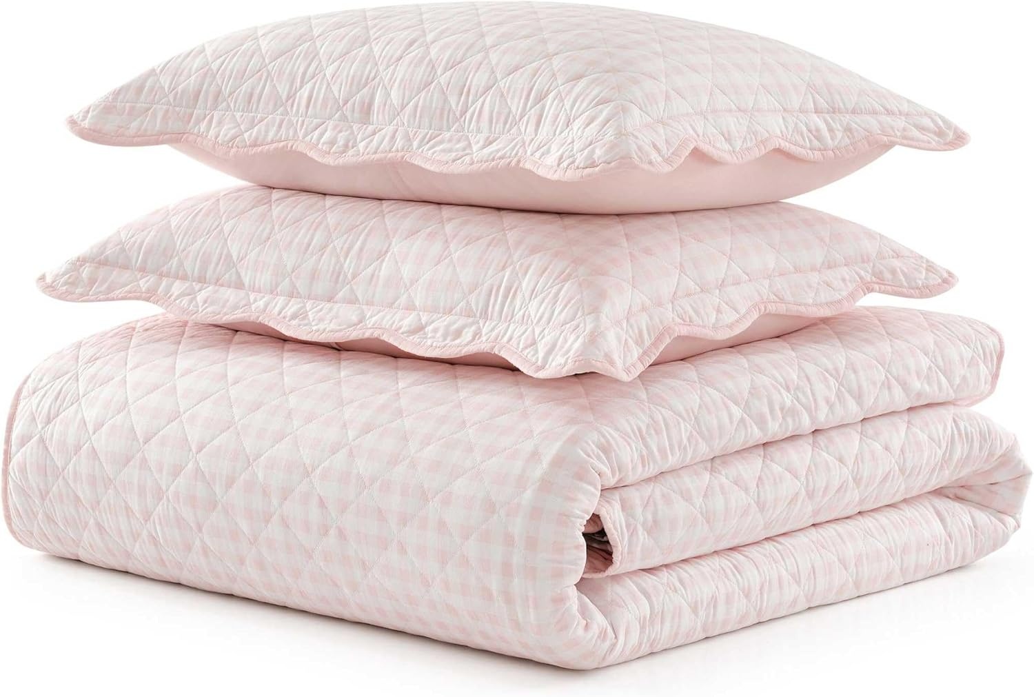 imageMartha Stewart Queen Size Quilt Set Soft amp Smooth Sateen Bedding with a Light and Breathable Feel 3 Piece Bed Set with Matching Pillowcases Fern Embroidery GreyOlivia Gingham Pink
