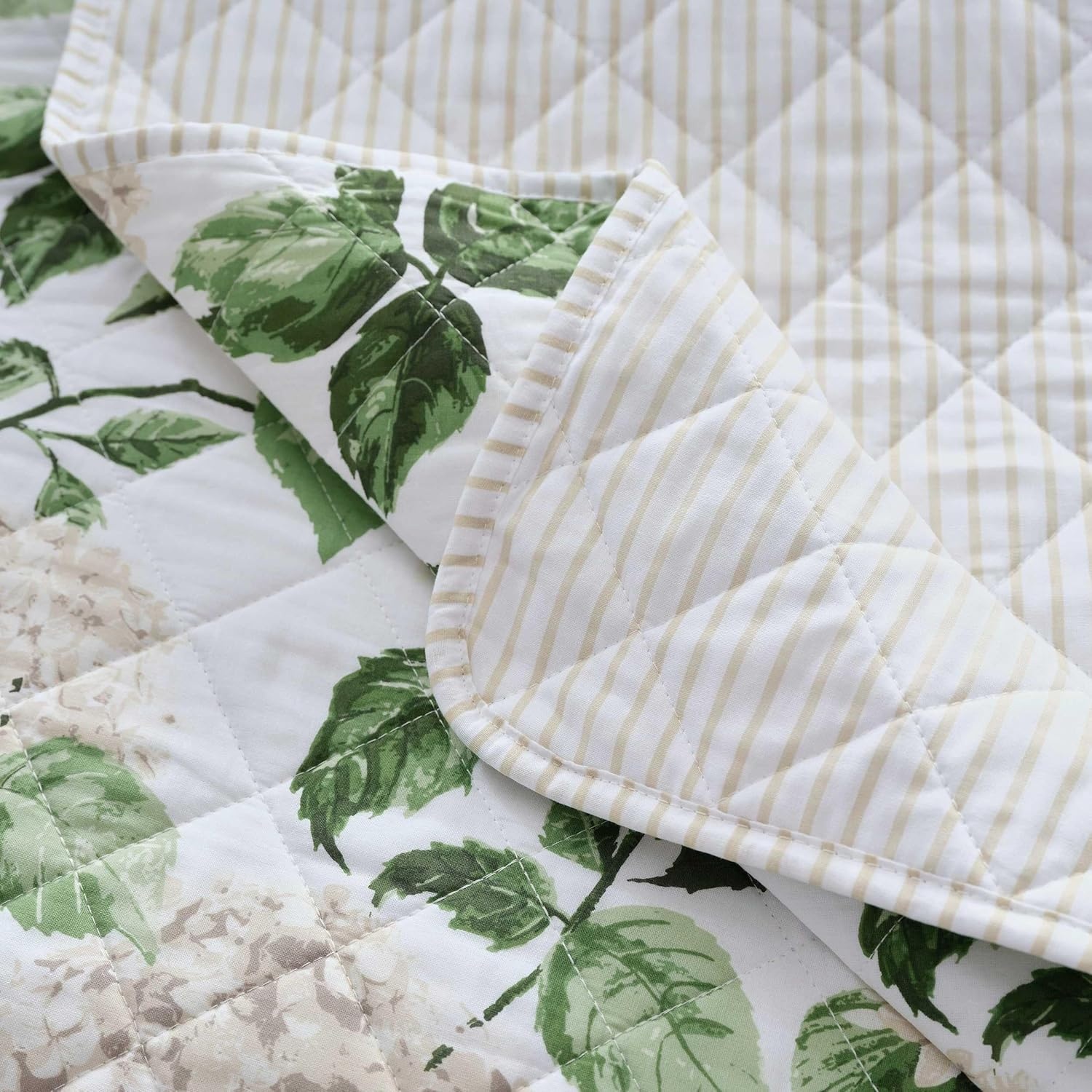 imageMartha Stewart Queen Size Quilt Set Soft amp Smooth Sateen Bedding with a Light and Breathable Feel 3 Piece Bed Set with Matching Pillowcases Fern Embroidery GreyHydrangea Floral Beige