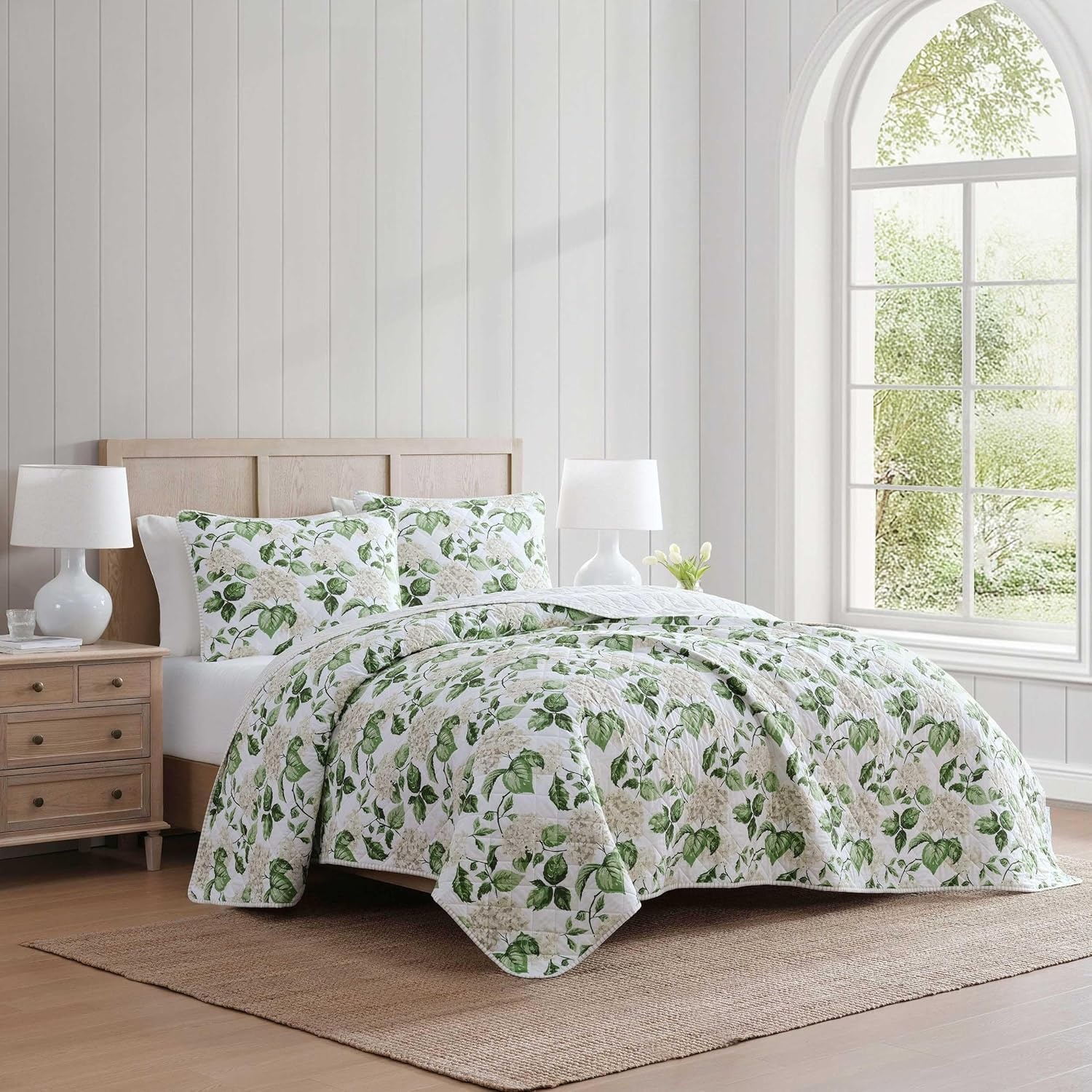 imageMartha Stewart Queen Size Quilt Set Soft amp Smooth Sateen Bedding with a Light and Breathable Feel 3 Piece Bed Set with Matching Pillowcases Fern Embroidery GreyHydrangea Floral Beige